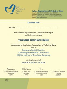 Volunteers’ Training in Palliative Care by SANMAN in Bangalore